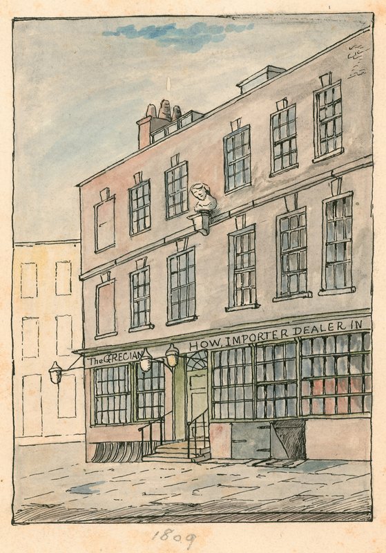 Grecian Coffee House, Devereux Court, Strand, jossa on Ben Johnsonin rintakuva tekijältä English School