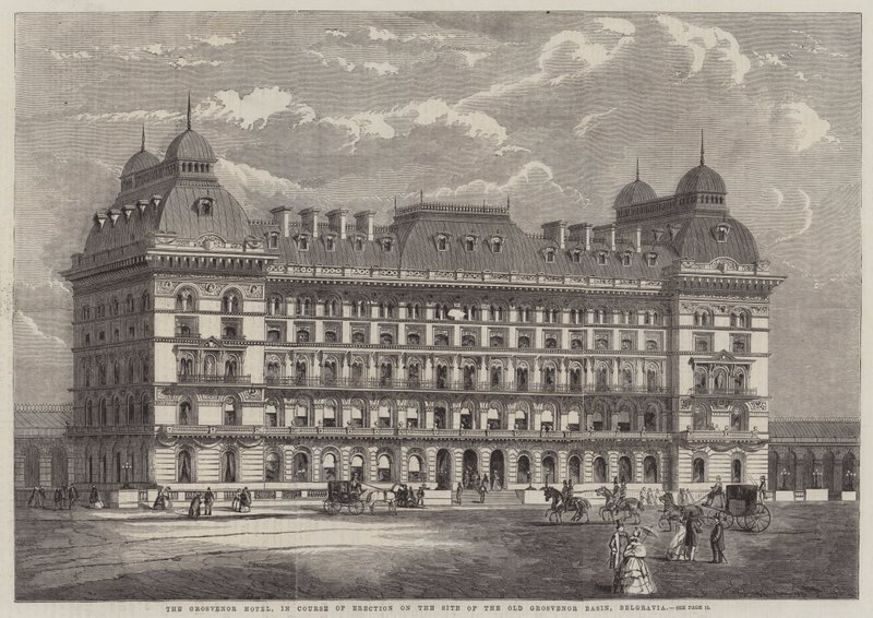Grosvenor Hotel, pystytysvaiheessa vanhan Grosvenorin altaan alueelle, Belgravia (kaiverrus) tekijältä English School