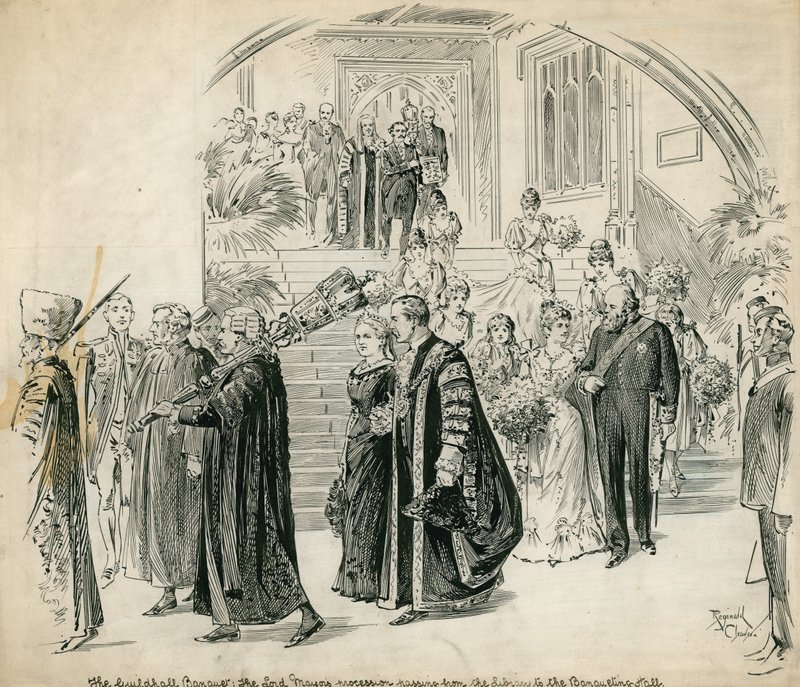 Guildhall, Lontoo, juhlatilaisuus: Lord Mayors -kulkue kulkee kirjastosta juhlasaliin tekijältä English School