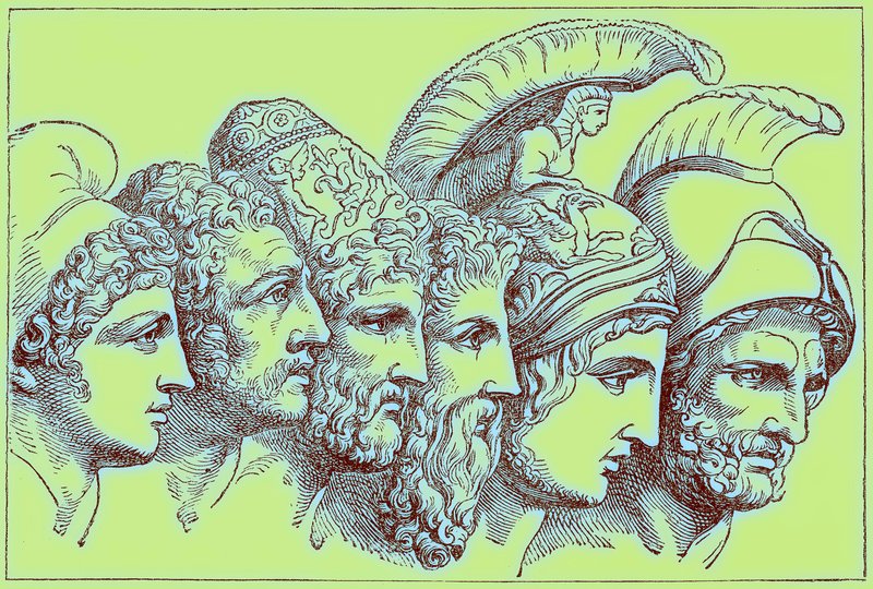 Troijan sodan sankarit: Paris, Diomedes, Odysseus, Nestor, Akhilleus, Agamemnon, kuvitus teoksesta The Illustrated History of the World, julkaistu noin 1880 (digitaalisesti paranneltu kuva) tekijältä English School