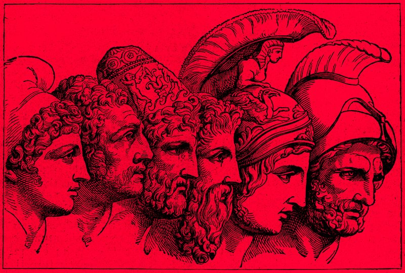 Troijan sodan sankarit: Paris, Diomedes, Odysseus, Nestor, Akhilleus, Agamemnon, kuvitus teoksesta The Illustrated History of the World, julkaistu noin 1880 (digitaalisesti paranneltu kuva) tekijältä English School