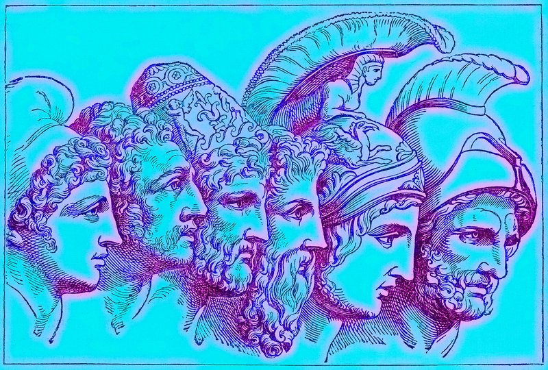 Troijan sodan sankarit: Paris, Diomedes, Odysseus, Nestor, Akhilleus, Agamemnon, kuvitus teoksesta The Illustrated History of the World, julkaistu noin 1880 (digitaalisesti paranneltu kuva) tekijältä English School
