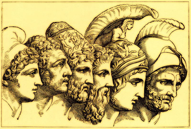 Troijan sodan sankarit: Paris, Diomedes, Odysseus, Nestor, Akhilleus, Agamemnon, kuvitus teoksesta The Illustrated History of the World, julkaistu noin 1880 (digitaalisesti paranneltu kuva) tekijältä English School