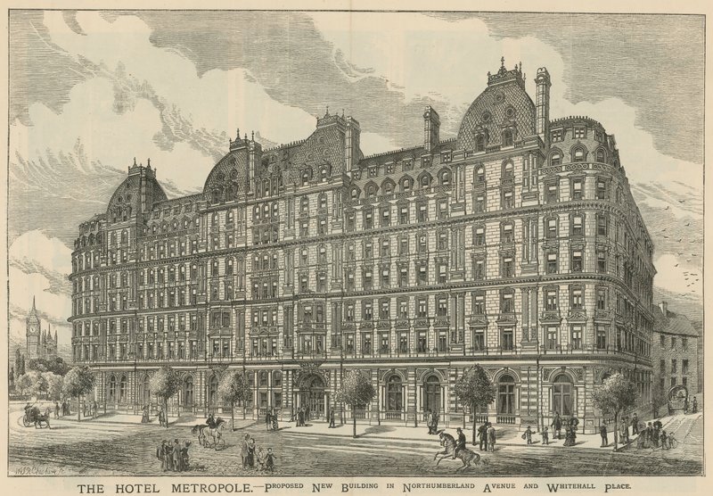 Hotel Metropole ehdotti uutta rakennusta Northumberland Avenuelle ja Whitehall Placelle tekijältä English School