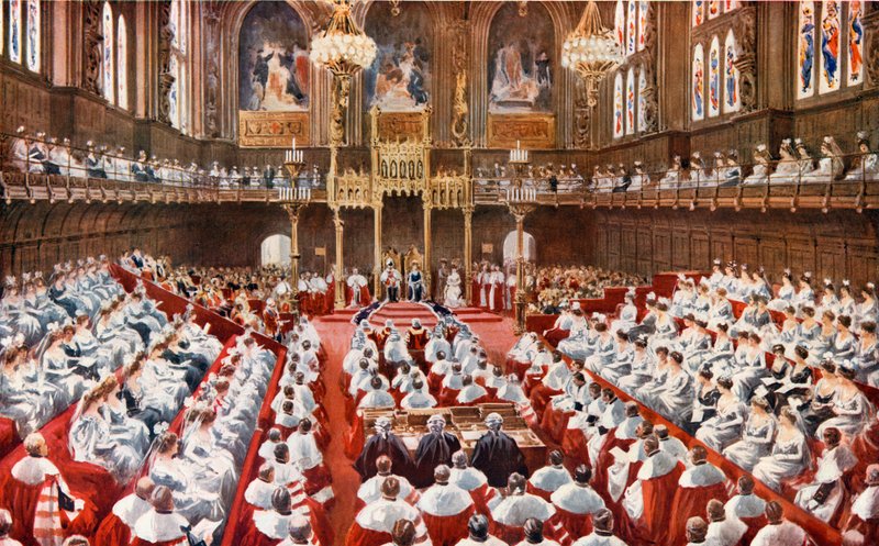 House of Lords. Hänen Majesteettinsa kuningas avasi parlamenttitalon tekijältä English School
