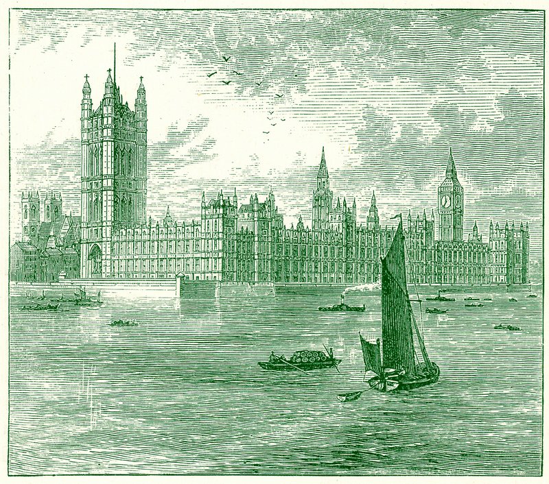 Parlamenttitalo ja Westminster Abbey, kuvitus George Chisolmin teoksesta The World sellaisena kuin se on, julkaistu 1885 (digitaalisesti paranneltu kuva) tekijältä English School