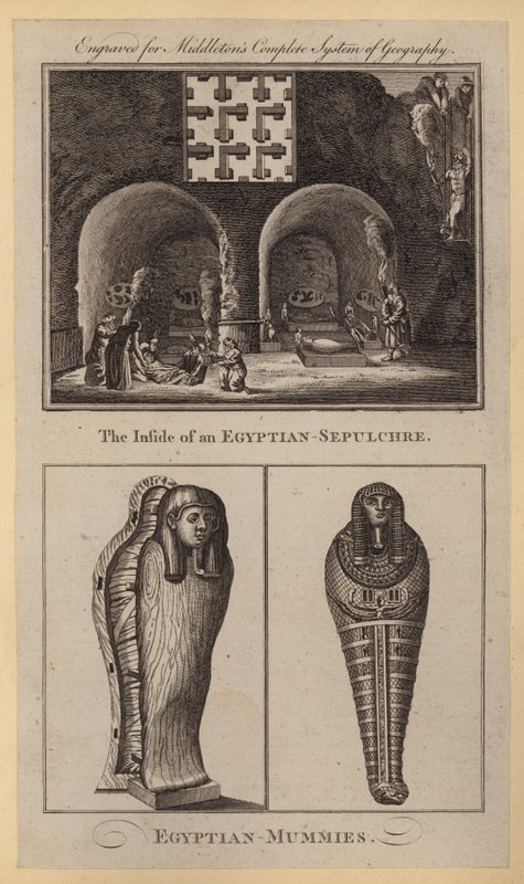 Egyptiläisen haudan sisäpuoli, egyptiläiset muumiot (kaiverrus) tekijältä English School