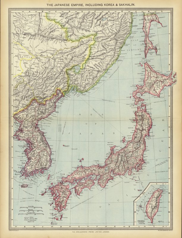 Japanin valtakunta, mukaan lukien Korea ja Sahalin (värilitho) tekijältä English School