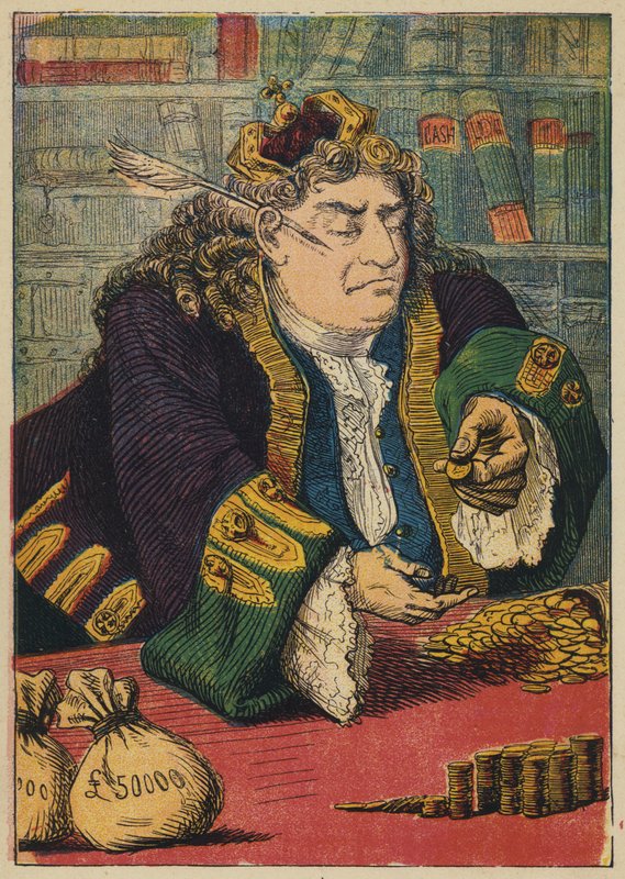 Kuningas laskee rahojaan (väri litho) tekijältä English School