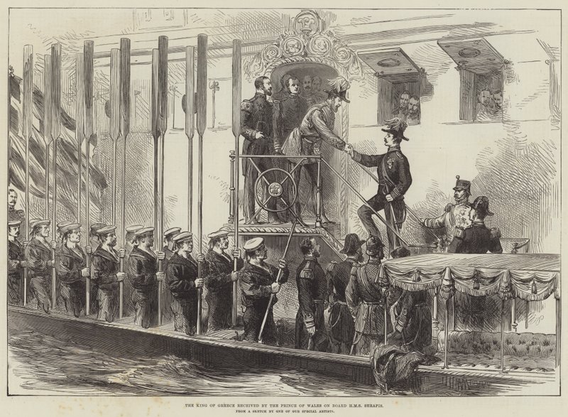 Walesin prinssi vastaanotti Kreikan kuninkaan HMS Serapis -laivalla (kaiverrus) tekijältä English School