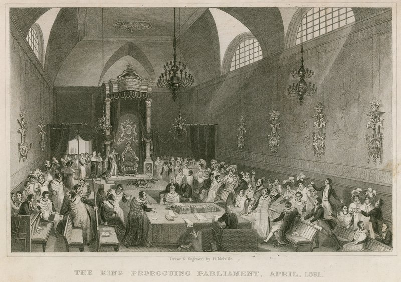 Kuningas esittelee parlamenttia ylähuoneessa, huhtikuussa 1831 tekijältä English School