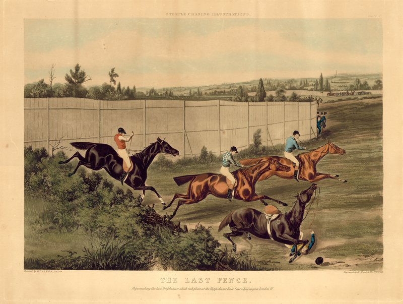 The Last Fence, joka edustaa viimeistä estejuoksua, joka käytiin Hippodrome Race Course, Kensington, Lontoo tekijältä English School