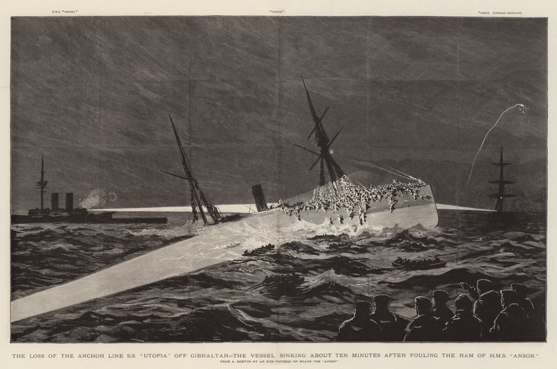 SS "Utopia" -ankkurilinjan menetys Gibraltarin edustalla, alus upposi noin 10 minuuttia sen jälkeen, kun HMS "Anson" pässi oli likaantunut (kaiverrus) tekijältä English School