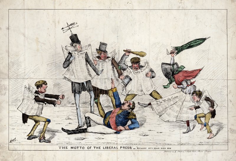 Liberaalilehdistön motto, joka näyttää Napoleon III:n hyökkäyksen brittilehdistön toimesta tekijältä English School