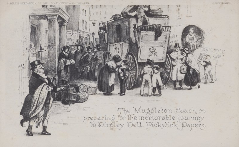Muggleton Coach valmistautuu ikimuistoiseen matkaan Dingley Delliin, Pickwick Papers (m/v kuva) tekijältä English School