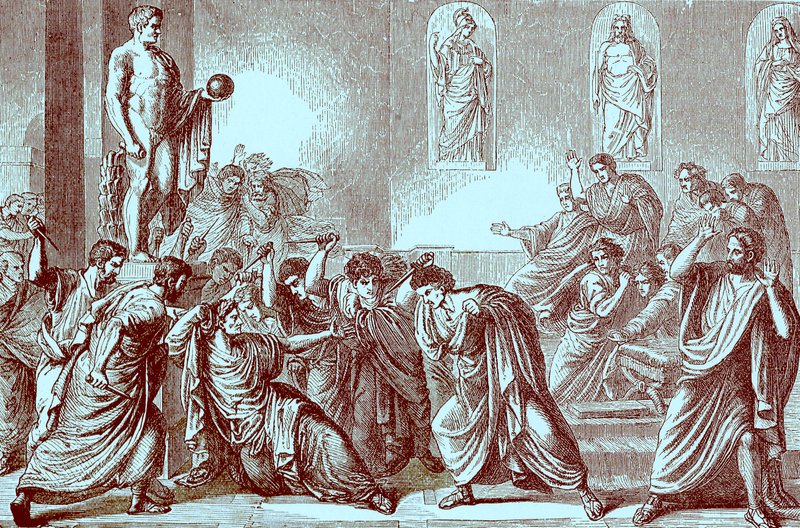 Julius Caesarin murha, kuvitus teoksesta The Illustrated History of the World, julkaistu noin 1880 (digitaalisesti paranneltu kuva) tekijältä English School