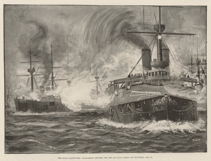 Naval Maneuvres, Punaisten ja Sinisten laivaston välinen kihla Holyheadin edustalla, 31. heinäkuuta (litho) tekijältä English School