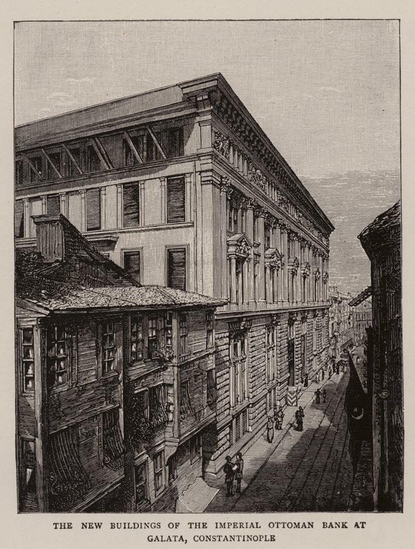 Imperiumin ottomaanien pankin uudet rakennukset Galatassa, Konstantinopolissa (kaiverrus) tekijältä English School