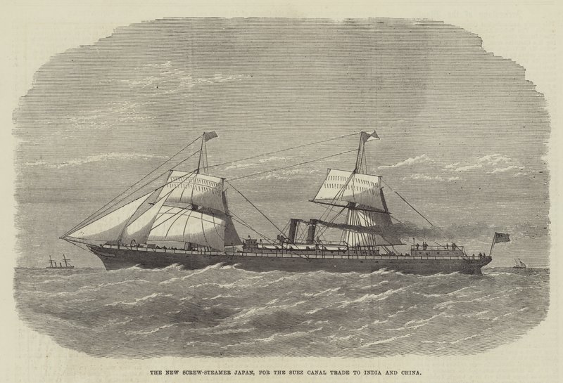 Uusi Screw-Steamer Japan, Suezin kanavan kauppaan Intiaan ja Kiinaan (kaiverrus) tekijältä English School