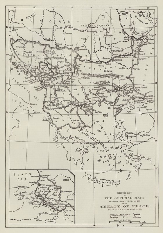 Rauhansopimuksen viralliset kartat, allekirjoitettu San Stefanossa, 3. maaliskuuta 1878 (kaiverrus) tekijältä English School
