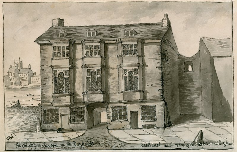 Pankin puolella sijaitseva Old Falcon Tavern, sellaisena kuin se ilmestyi vuonna 1805 tekijältä English School
