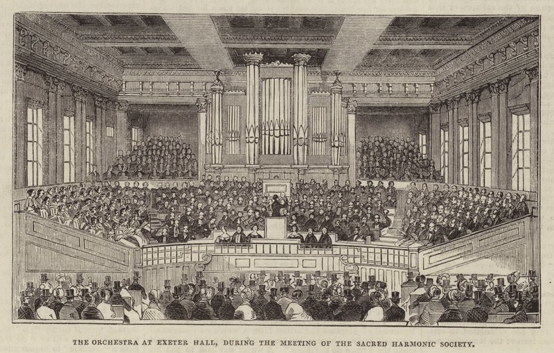 Orkesteri Exeter Hallissa Sacred Harmonic Societyn kokouksen aikana tekijältä English School