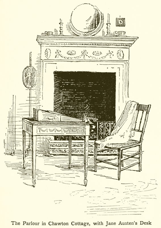 Parlor Chawton Cottagessa, jossa on Jane Austens -pöytä tekijältä English School