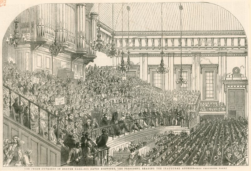 Rauhankongressi Exeter Hallissa, presidentti Sir David Brewster lukee avajaispuheen tekijältä English School