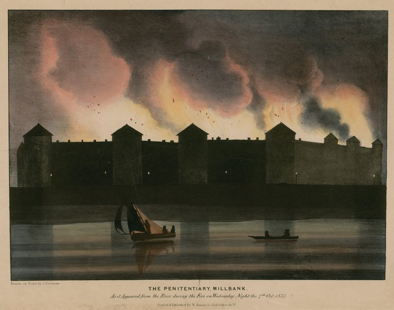 Penitenciary, Millbank, Lontoo, sellaisena kuin se näkyi joesta tulipalon aikana 7. lokakuuta 1835 yönä tekijältä English School