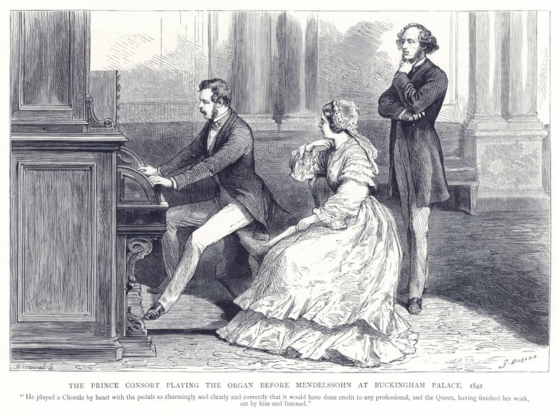 Prinssipuoliso soittamassa urkuja ennen Mendelssohnia Buckinghamin palatsissa, 1842 tekijältä English School