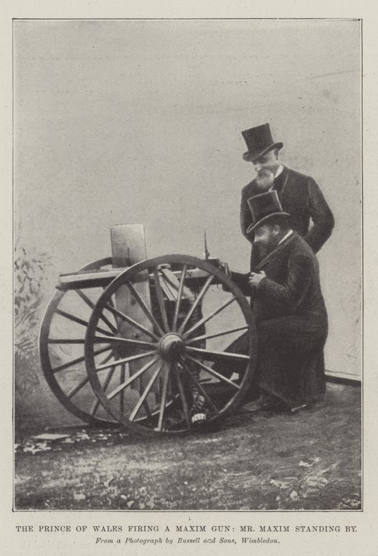 Walesin prinssi ampuu Maxim Gunilla, herra Maxim seisomassa (kaiverrus) tekijältä English School