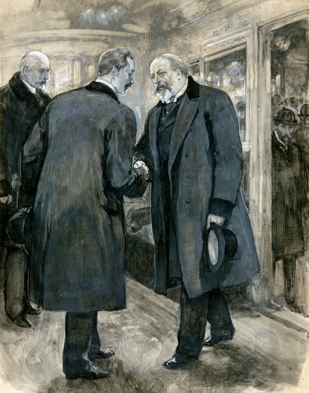 Walesin prinssi tervehtimässä Saksan keisaria, Charing Crossin asema, 20. tammikuuta 1901 (wc paperilla) tekijältä English School