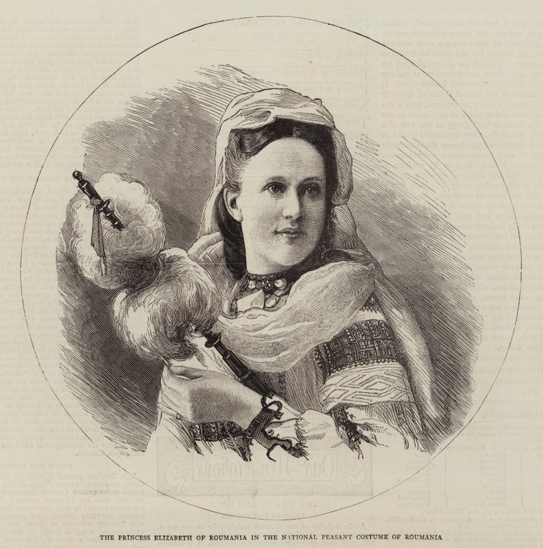 Romanian prinsessa Elizabeth Romanian kansallispuvussa (kaiverrus) tekijältä English School