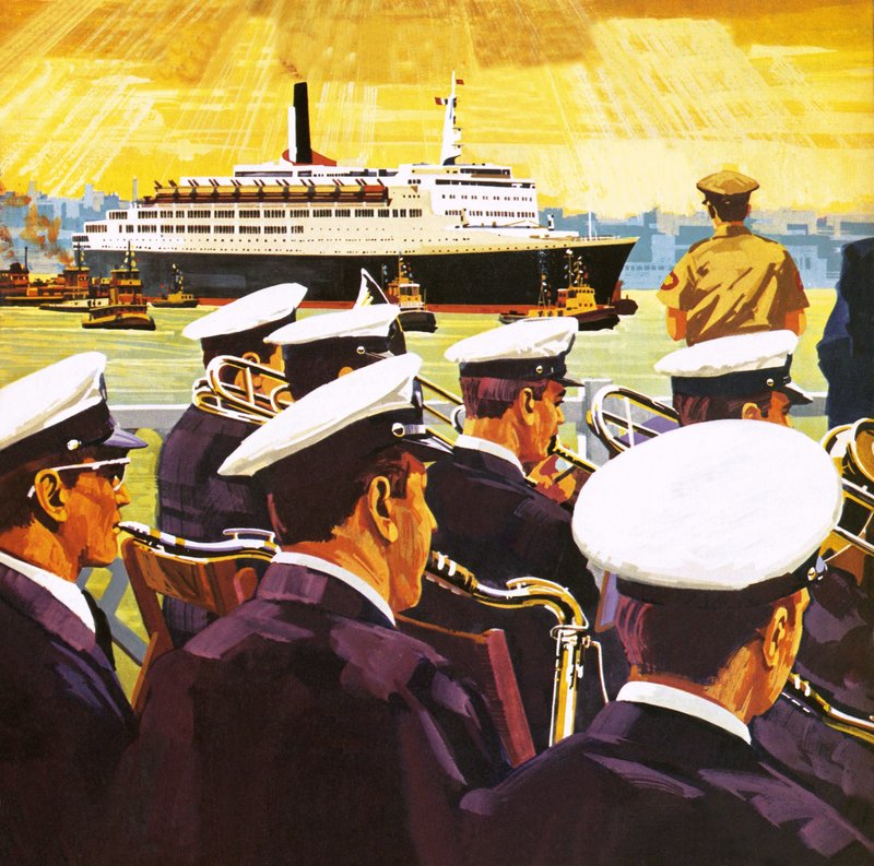 QE2 saapuu New Yorkin satamaan Manhattanin saarella. tekijältä English School