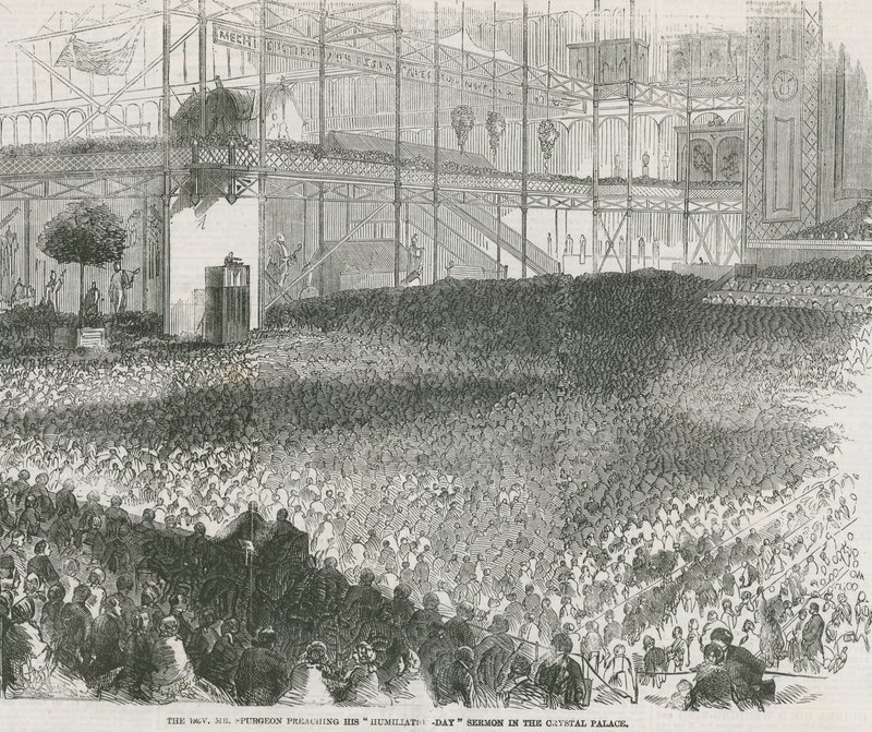 Pastori Charles Haddon Spurgeon saarnaa nöyryytyksen päivän saarnaansa Crystal Palacessa tekijältä English School