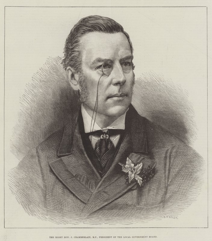 Oikea J Chamberlain, kansanedustaja, kunnanhallituksen puheenjohtaja (kaiverrus) tekijältä English School