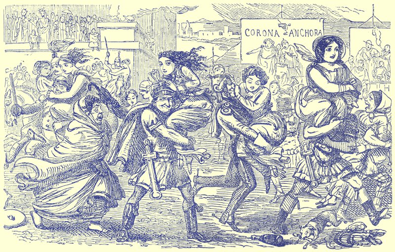 Roomalaiset kävelemässä sabiininaisten kanssa, kuvitus Gilbert Abbott a Beckettin teoksesta The Comic History of Rome, julkaistu n. 1850 (digitaalisesti paranneltu kuva) tekijältä English School