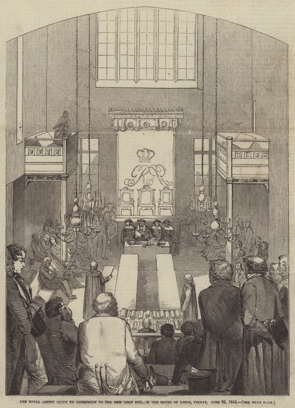 Kuninkaallinen hyväksyntä, jonka komissio antoi New Corn Billille, House of Lordsissa, perjantaina 26. kesäkuuta 1846 (kaiverrus) tekijältä English School