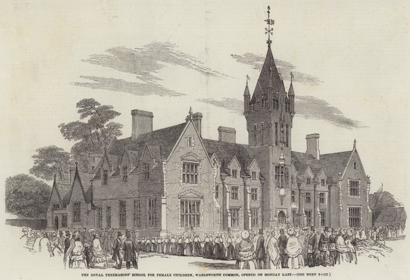 Kuninkaallinen vapaamuurarien koulu naislapsille, Wandsworth Common, avattiin maanantaina Last (kaiverrus) tekijältä English School
