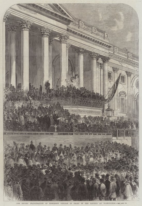 Presidentti Lincolnin toinen virkaanastujaiset Washingtonin Capitolin edessä (kaiverrus) tekijältä English School