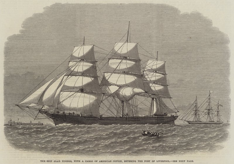 The Ship Glad Tidings, amerikkalaisen puuvillalastin kanssa saapumassa Liverpoolin satamaan (kaiverrus) tekijältä English School