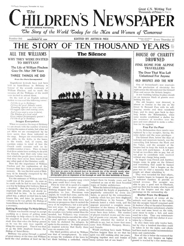 Muistopäivän hiljaisuus, "Lasten sanomalehden" etusivu, marraskuu 1934 (sanomalehtipaperi) tekijältä English School