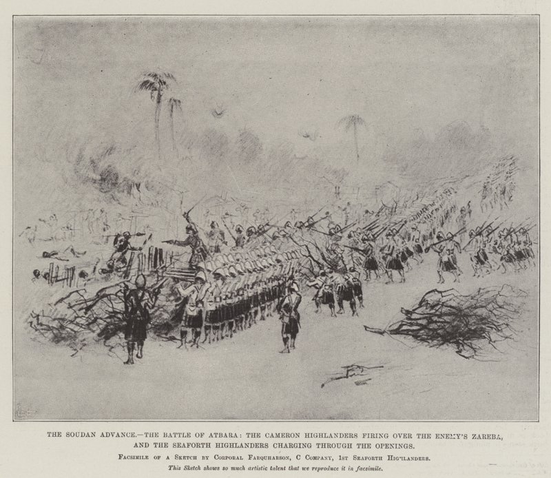 Soudan Advance, Atbaran taistelu, Cameron Highlanderit ampuvat vihollisen Zareban yli ja Seaforth Highlanders ryntäsivät aukkojen kautta (litho) tekijältä English School