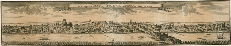 Lontoon eteläinen prospekti vuoden 1666 suuren tulipalon jälkeen tekijältä English School