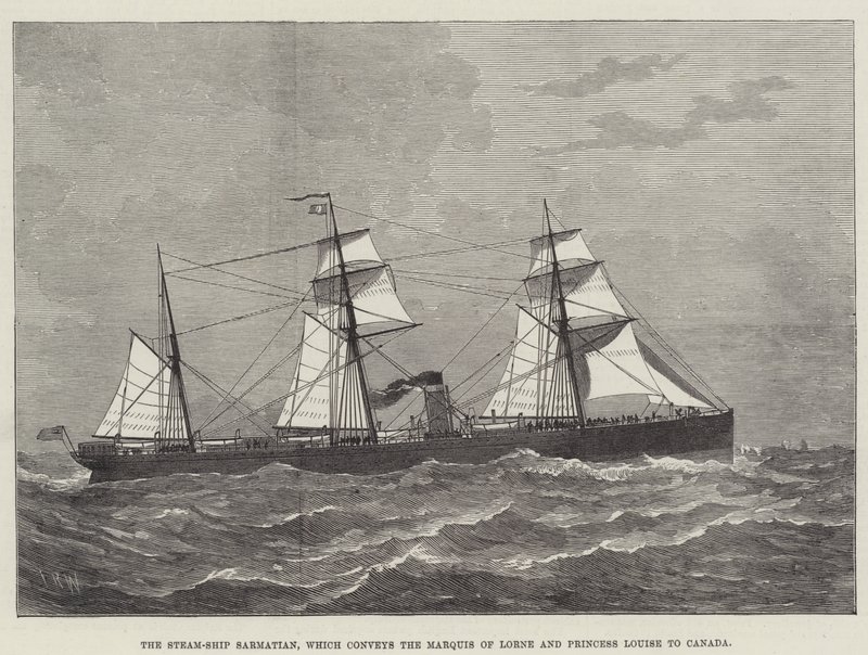 Steam-Ship Sarmatian, joka kuljettaa Lornen markiisin ja prinsessa Louisen Kanadaan (kaiverrus) tekijältä English School