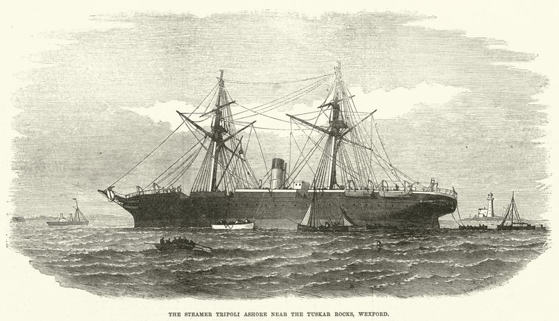Steamer Tripoli Ashore lähellä Tuskar Rocksia, Wexford (kaiverrus) tekijältä English School
