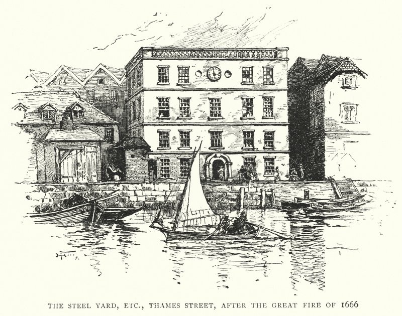 Teräspiha jne., Thames Street, vuoden 1666 suuren tulipalon jälkeen (kaiverrus) tekijältä English School