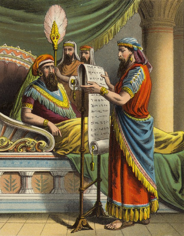 Kuningatar Estherin tarina: King Ahasuerus kuulee Mordecaiista Records -kirjassa (Color Litho) tekijältä English School