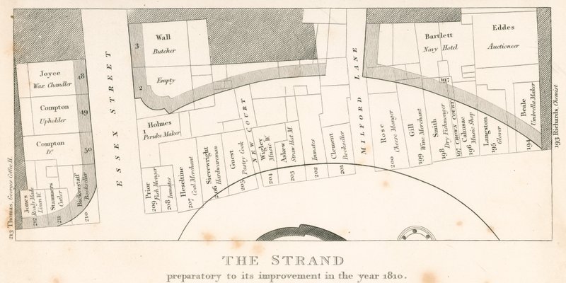 The Strand, Lontoo, ennen sen parannusta vuonna 1810; alueen suunnitelma tekijältä English School