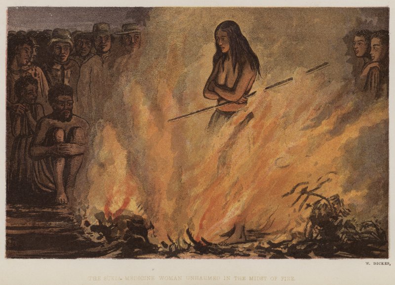 Sukia Medicine Woman vahingoittumattomana tulen keskellä (väri litho) tekijältä English School